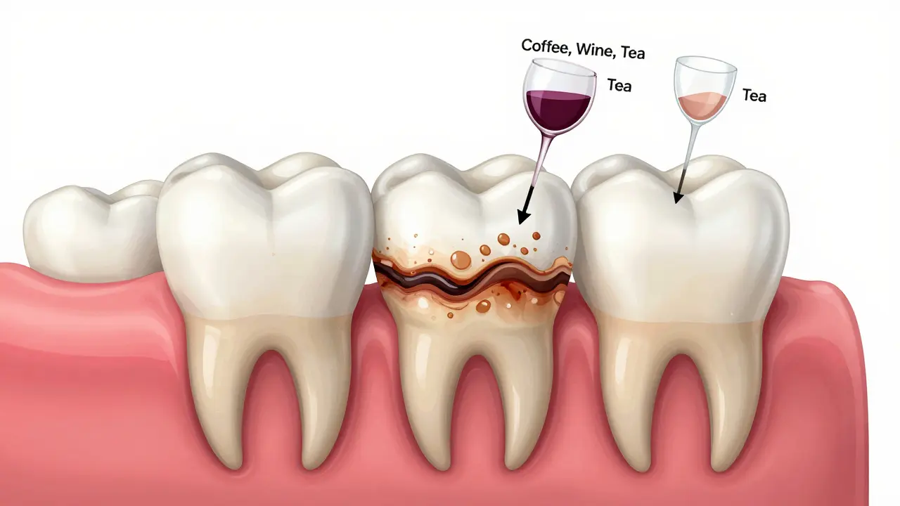 Příčný řez zubem s kompozitní fazetou ukazující opotřebení a vnikání barviv.