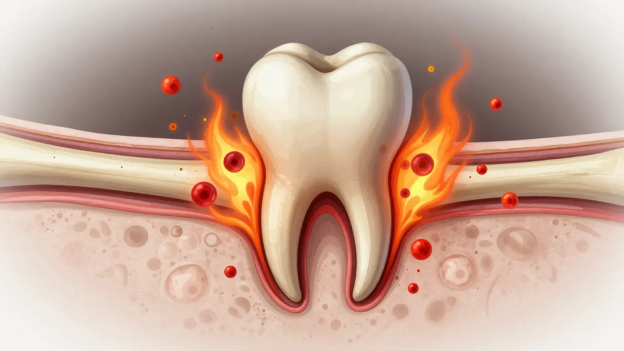 Řez lidské čelisti ukazující zánět okostice kolem kořene zubu s červenými infekčními šířícími se tkáněmi.