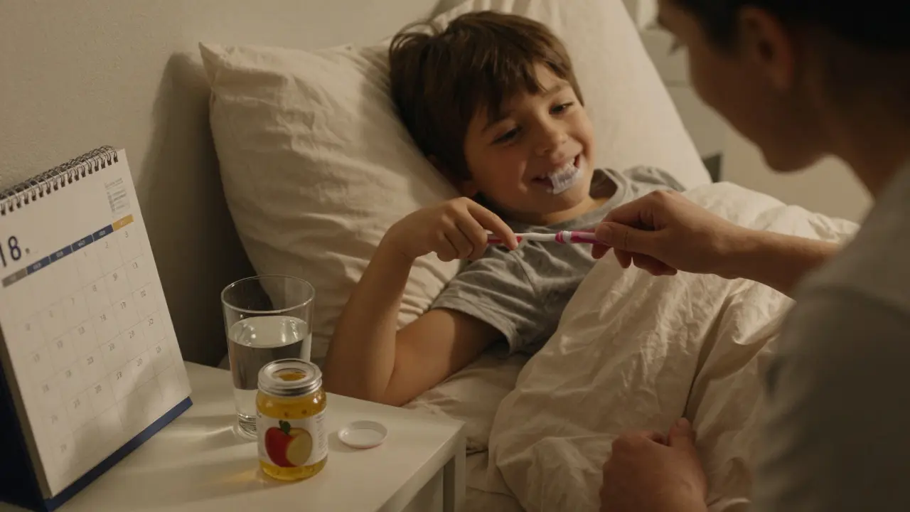 Rodič čistí zuby dítěti před spaním v klidné ložnici s náznakem denního rituálu.