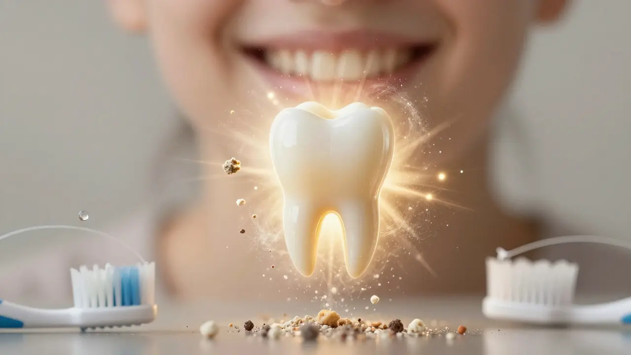 Smích vznikající z rozpadajících se zubních nečistot, s jasnějším zubem uprostřed, vyjadřující prevenci a zdraví.