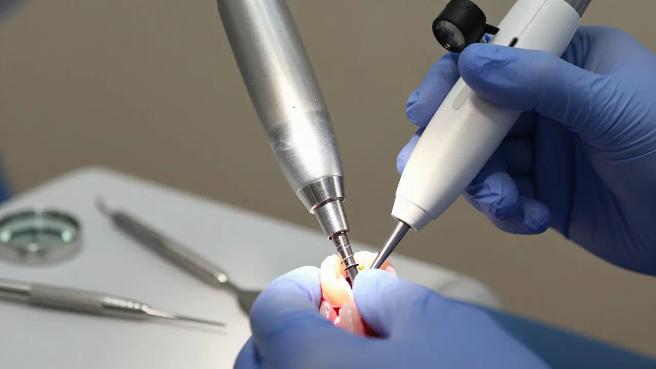 Specializovaný ultrazvukový hrot čistí zubní implantát bez poškození povrchu.