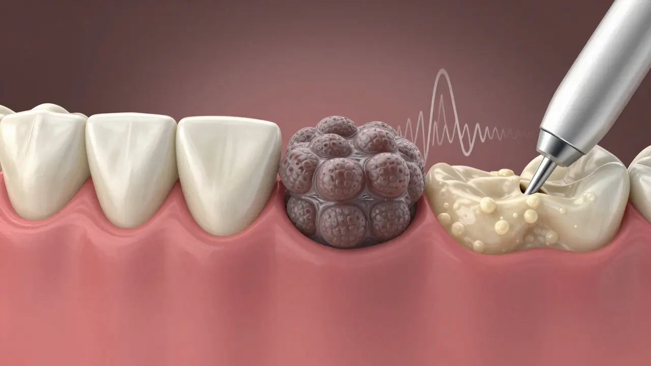 Srovnání měkkého plaku a tvrdého zubního kamene s ultrazvukovým vlněním, které kámen rozkládá.