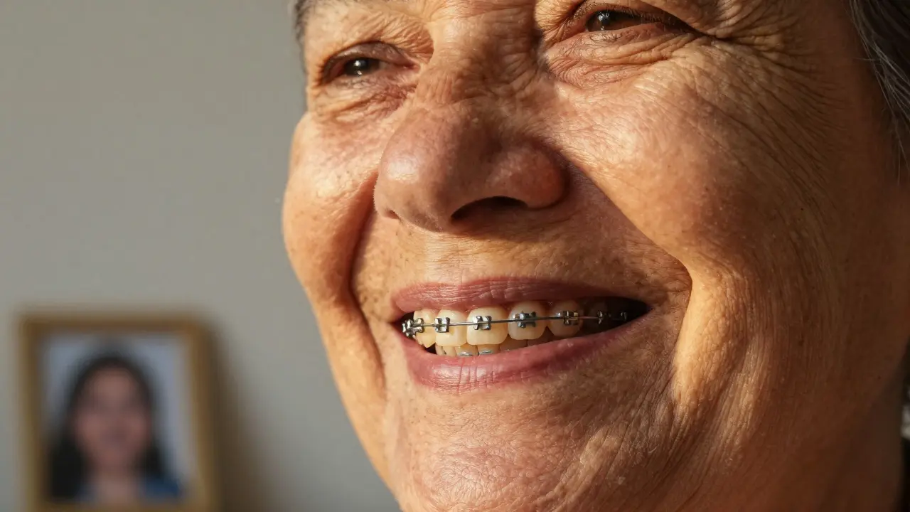 Stará žena se smírem, která nosí pevný držák za zuby po úspěšné léčbě.
