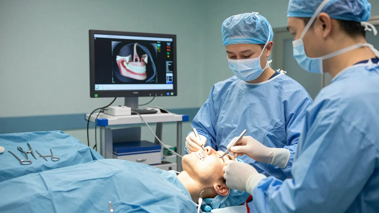 Surgeon using a 3D-printed jaw model to guide maxillofacial surgery in a hospital setting.
