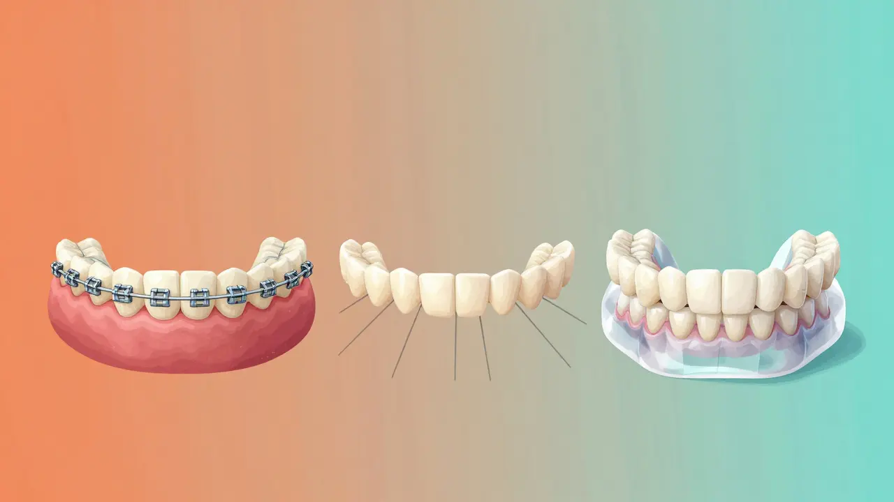 Tři fáze ortodontické léčby: šikmé zuby, přesouvání a vyrovnání s držákem.