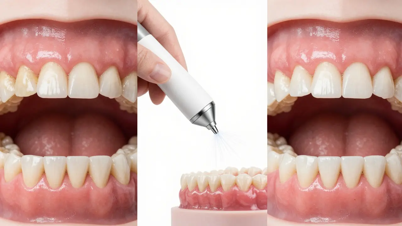 Tři stádia čištění zubů: znečištění, čištění a čisté zuby.
