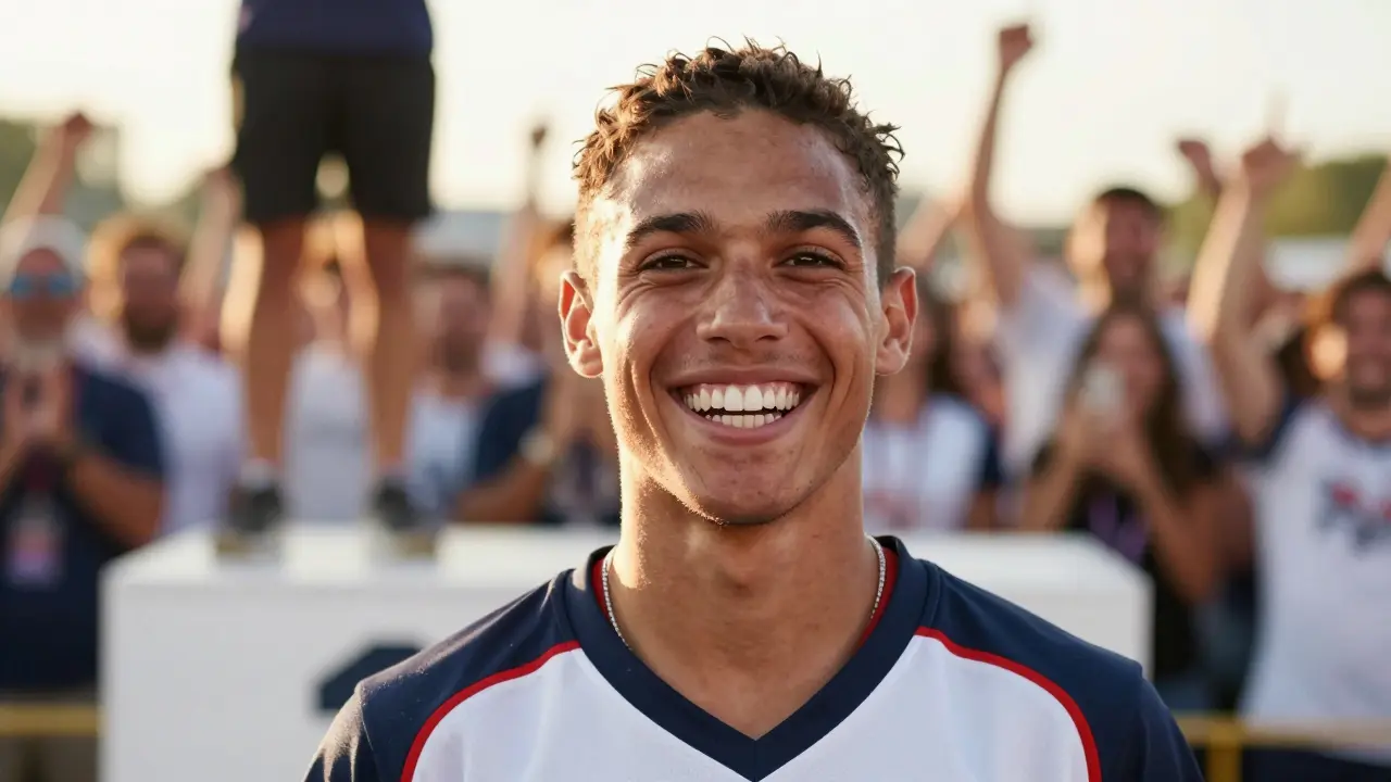 Úspěšný sportovec s jistým úsměvem na pódii