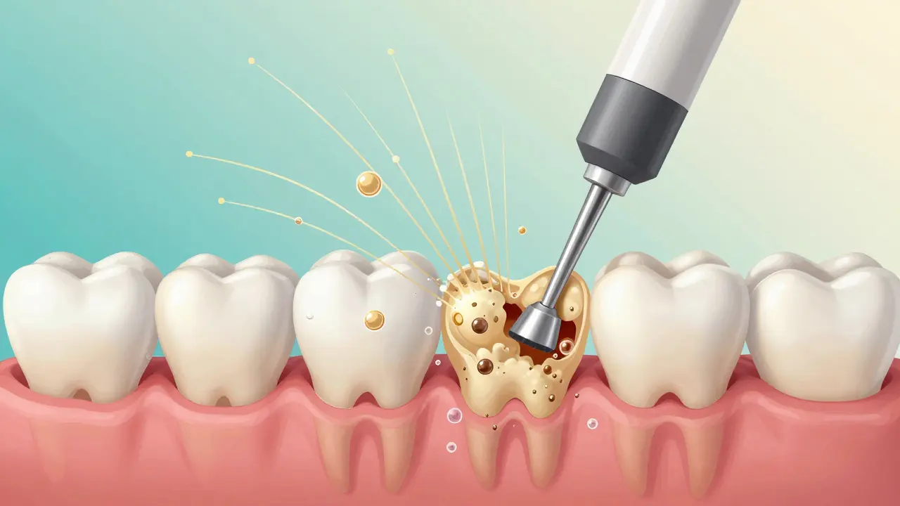 Vnitřní pohled na rozklad zubního kamene pod vlivem ultrazvukových vln.