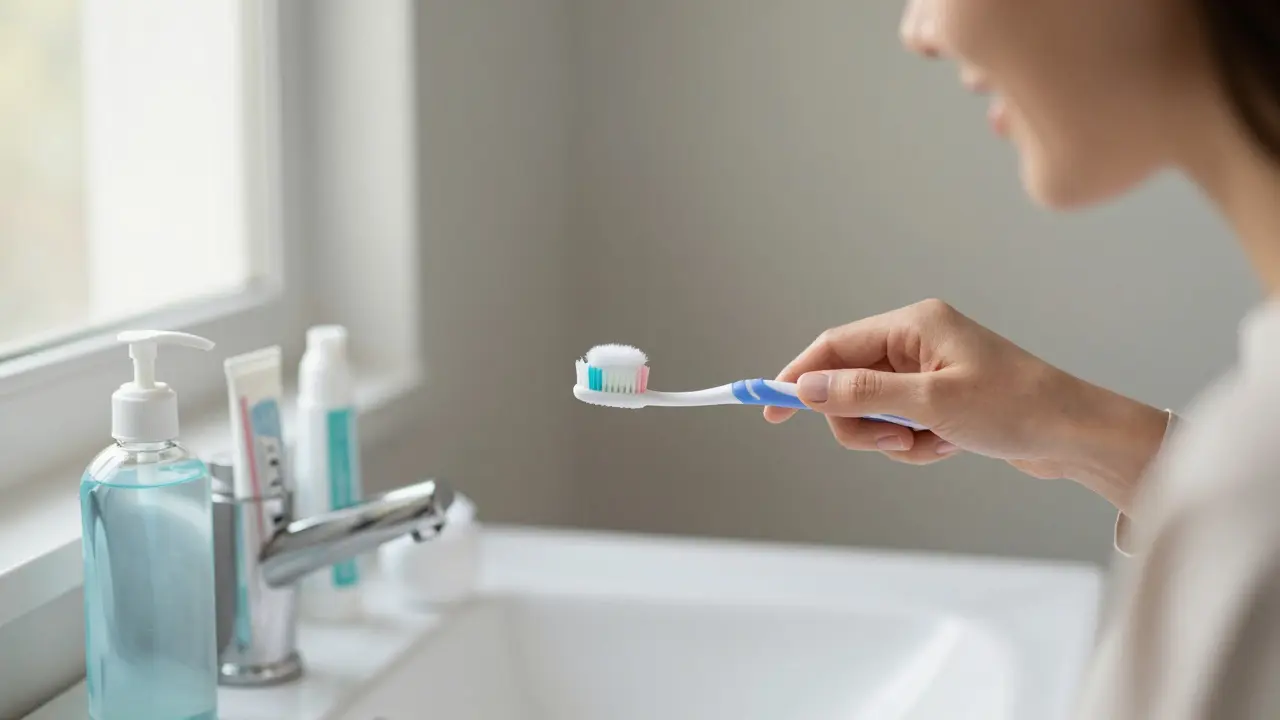 Žena jemně čistí zuby měkkým kartáčkem s fluoridovým rtyňem na umyvadle.