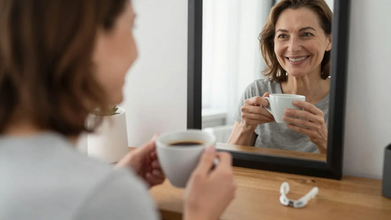 Žena pije černý čaj a vidí svůj žloutlý úsměv ve zrcadle, na stole noční splint.