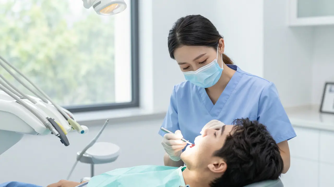 Zubař aplikuje fluoridovou pastu pro obnovu zubů