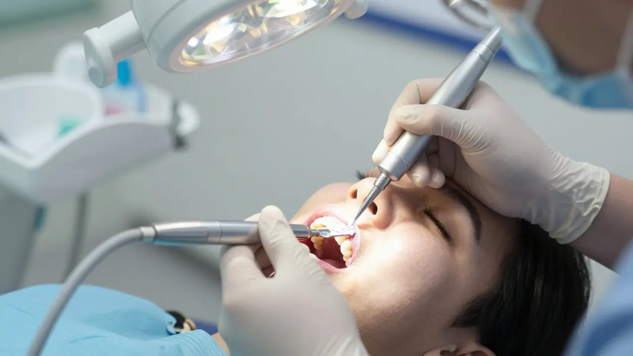 Zubní hygienik provádí jemné mikroabrazivní čištění předních zubů.