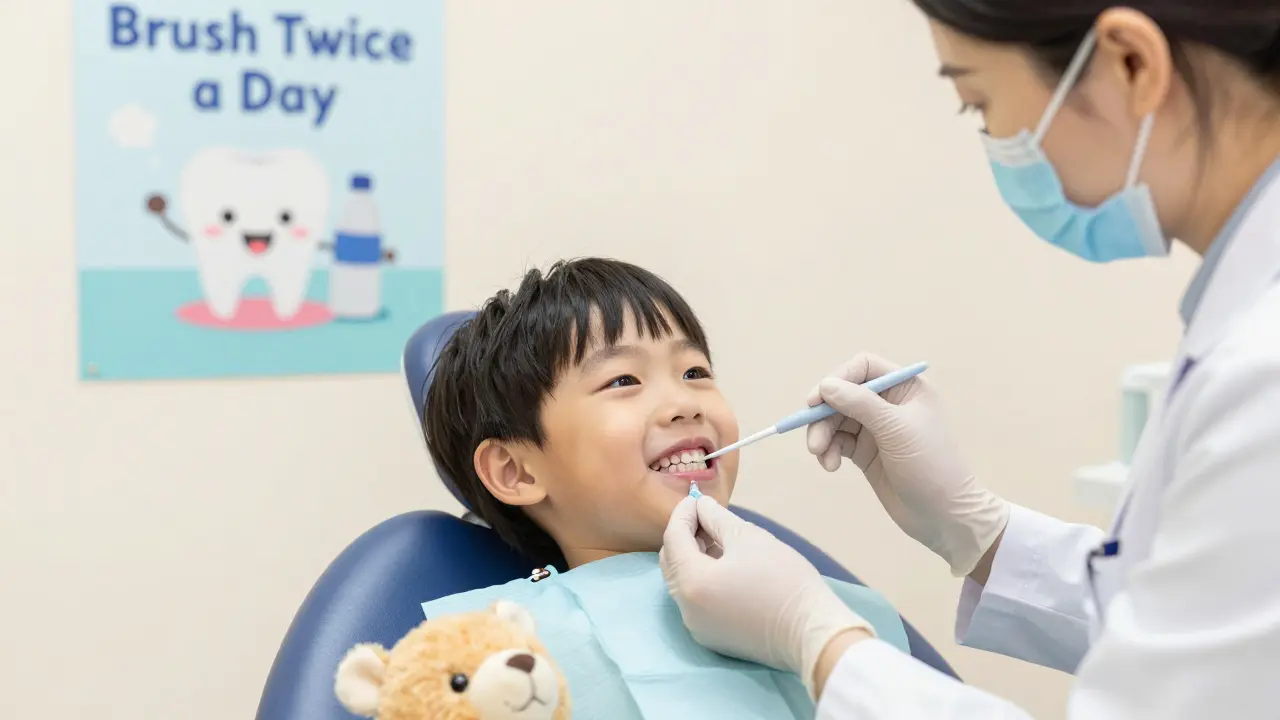 Zubní lékař aplikuje fluoridový lak dítěti na zuby v veselé klinice, dítě drží panáčka.