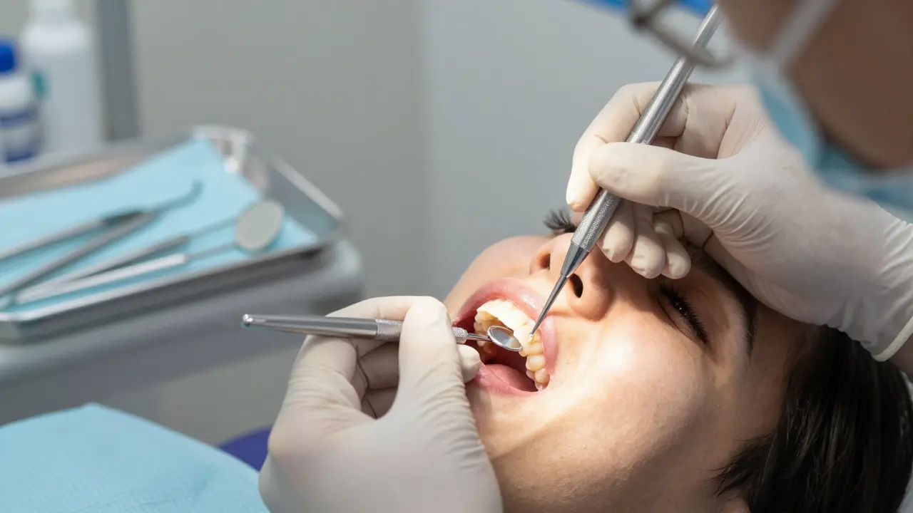 Zubní lékař aplikuje kompozitní vložku na přední zub pacienta.