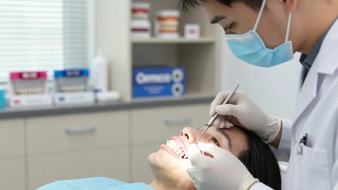 Zubní lékař upravuje keramické rovnátko s přesným nástrojem v čisté ortodontické klinice.