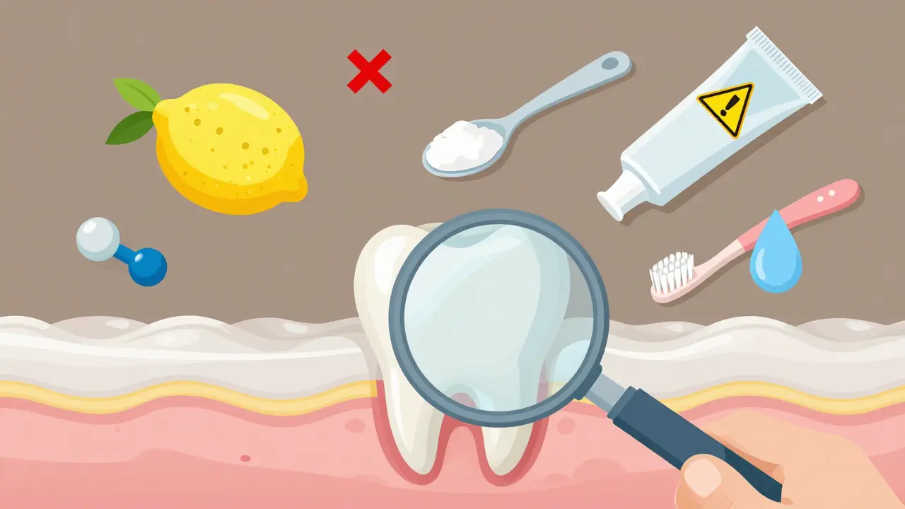 Zvětšený pohled na dětský zub s tenkou sklovinkou a žlutým dentinem, kolem něj symboly nebezpečných a bezpečných prvků.