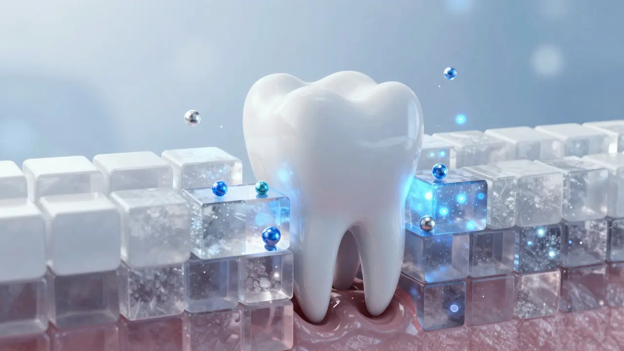 3D ilustrace procesu remineralizace skloviny pomocí minerálů a fluoridů.