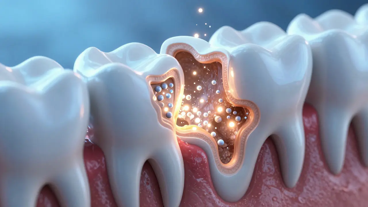 3D ilustrace procesu remineralizace zubní skloviny pomocí minerálů.