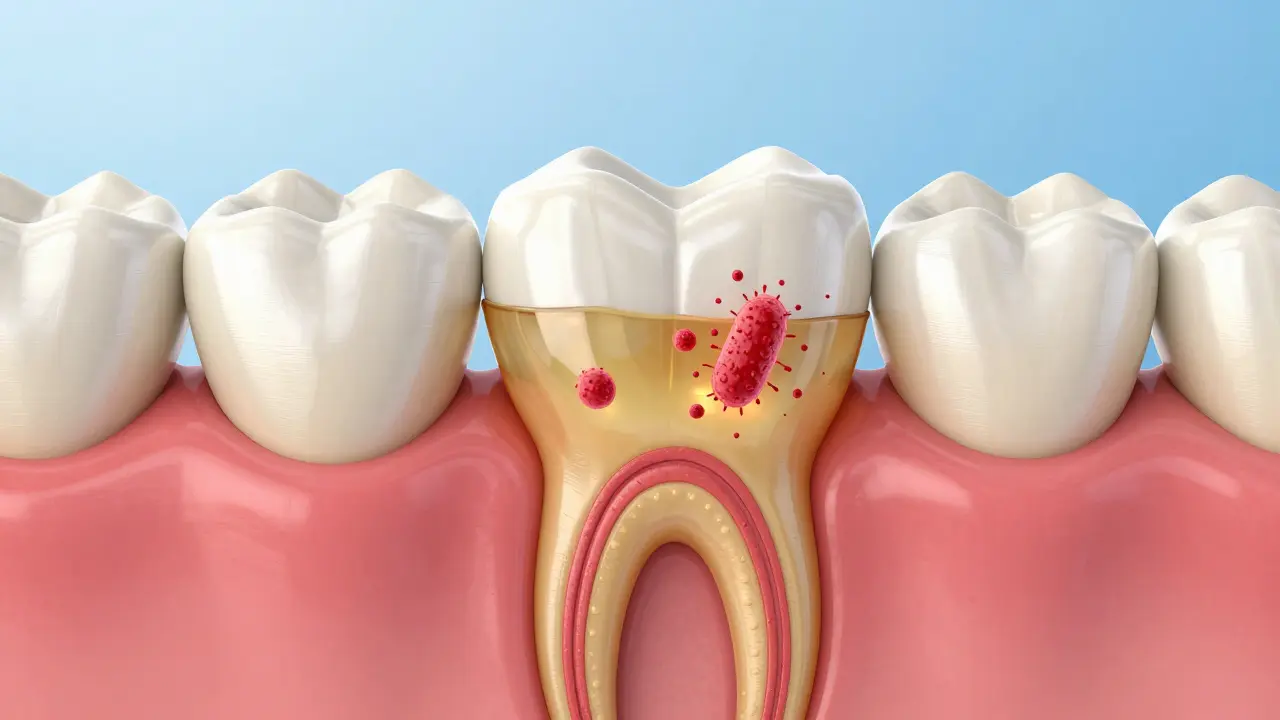 3D ilustrace průřezu zubu s dočasnou plombou a ochrannou vrstvou léků.