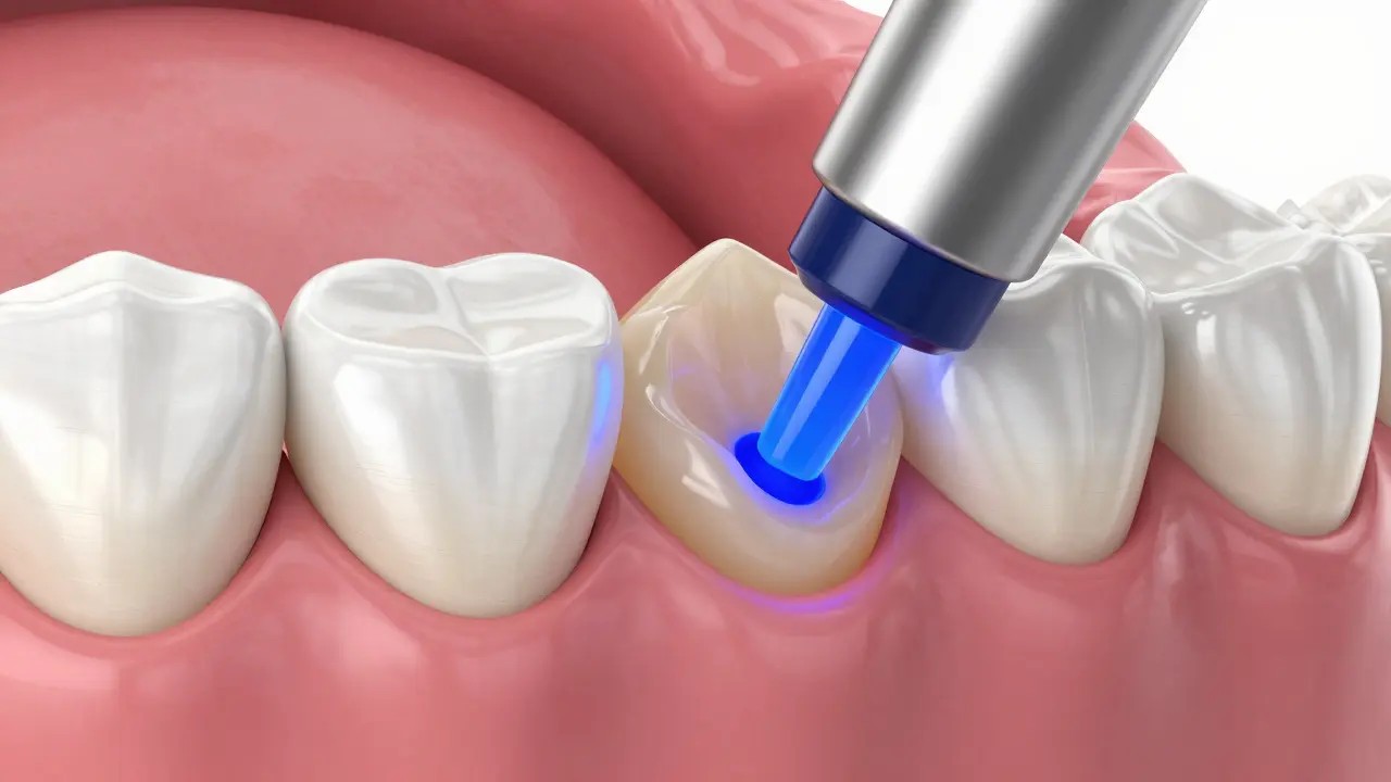 3D render procesu vyplňování zubu moderní kompozitní plombou pod UV světlem.