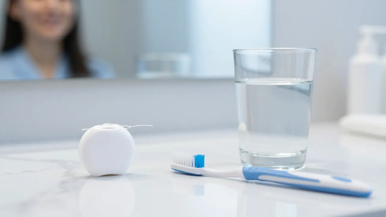 Dentální niť a kartáček na mramorové podložce pro čistý úsměv.