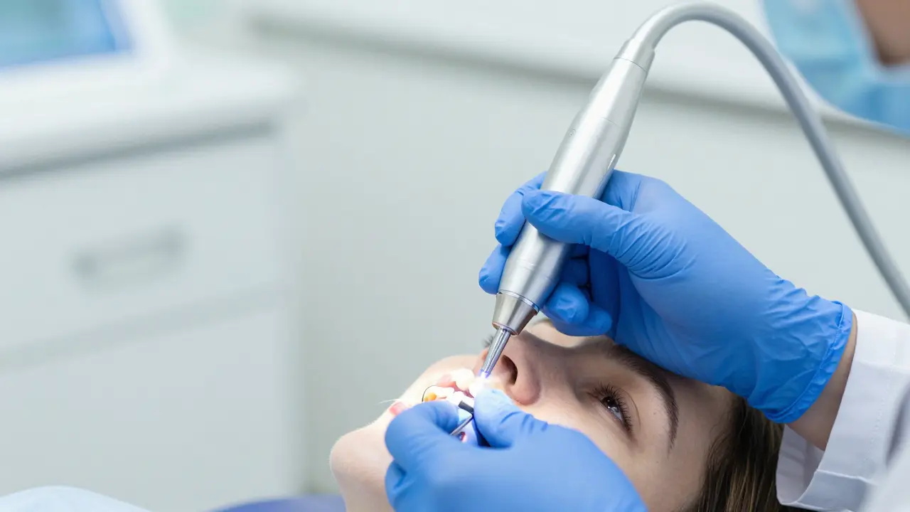 Dentista provádí profesionální kompozitní bonding zubu.