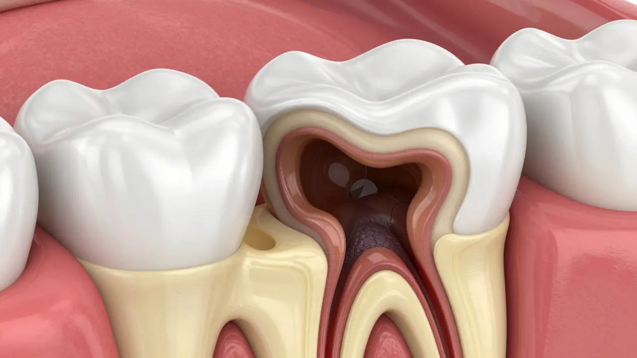Detail kazu pronikajícího z tvrdé skloviny do měkčího dentinu.
