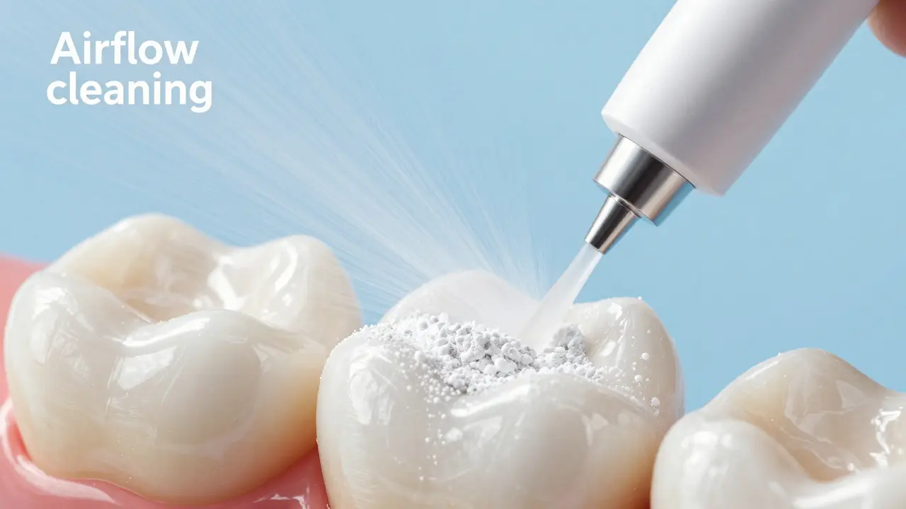 Detail procesu Airflow čištění odstraňujícího pigmenty z povrchu zuba.