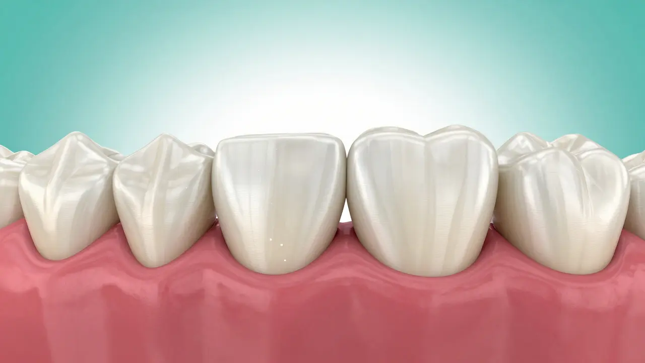 Detailní ilustrace zubů s bílými skvrnami a kazem po rovnátkách.