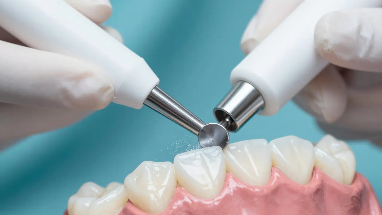 Detailní záběr na profesionální čištění zubů pomocí Airflow.