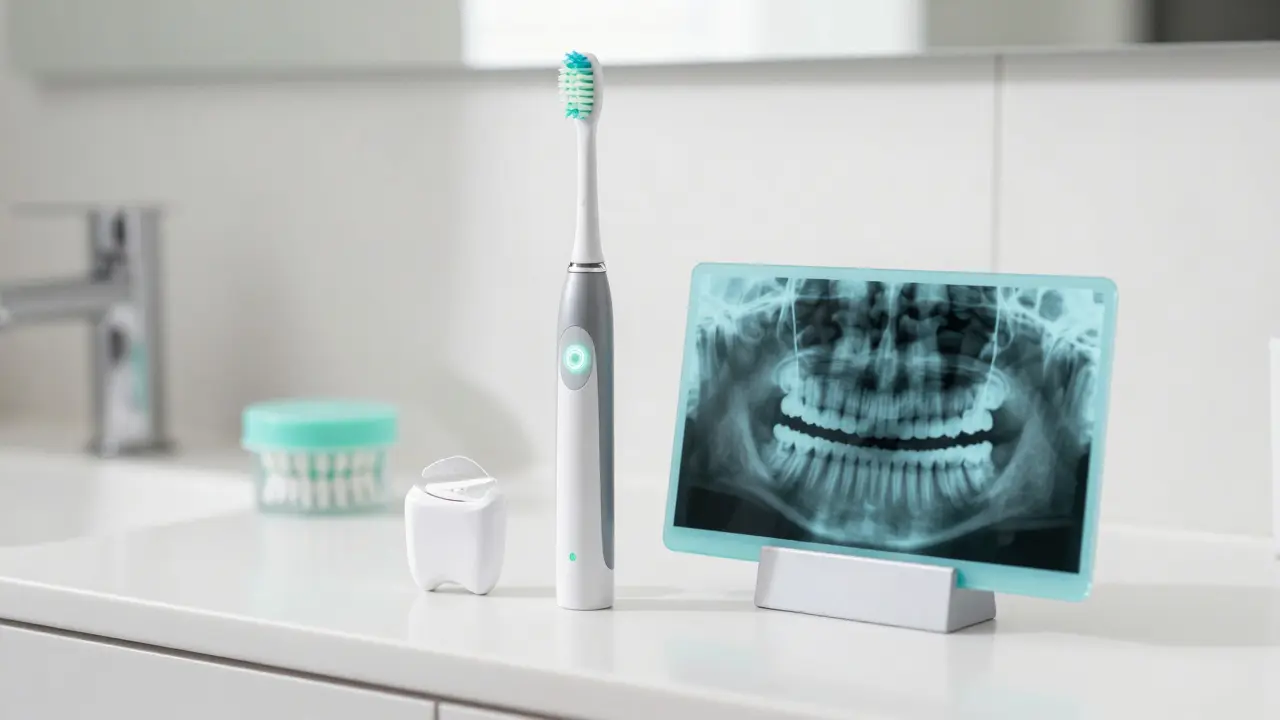 Elektrický kartáček, nit a rentgenový snímek pro prevenci zubních kazů.