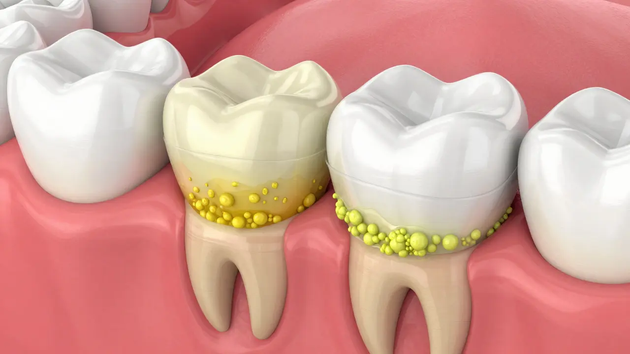 Ilustrace hromadění plaku pod plastovou krytkou zubu.