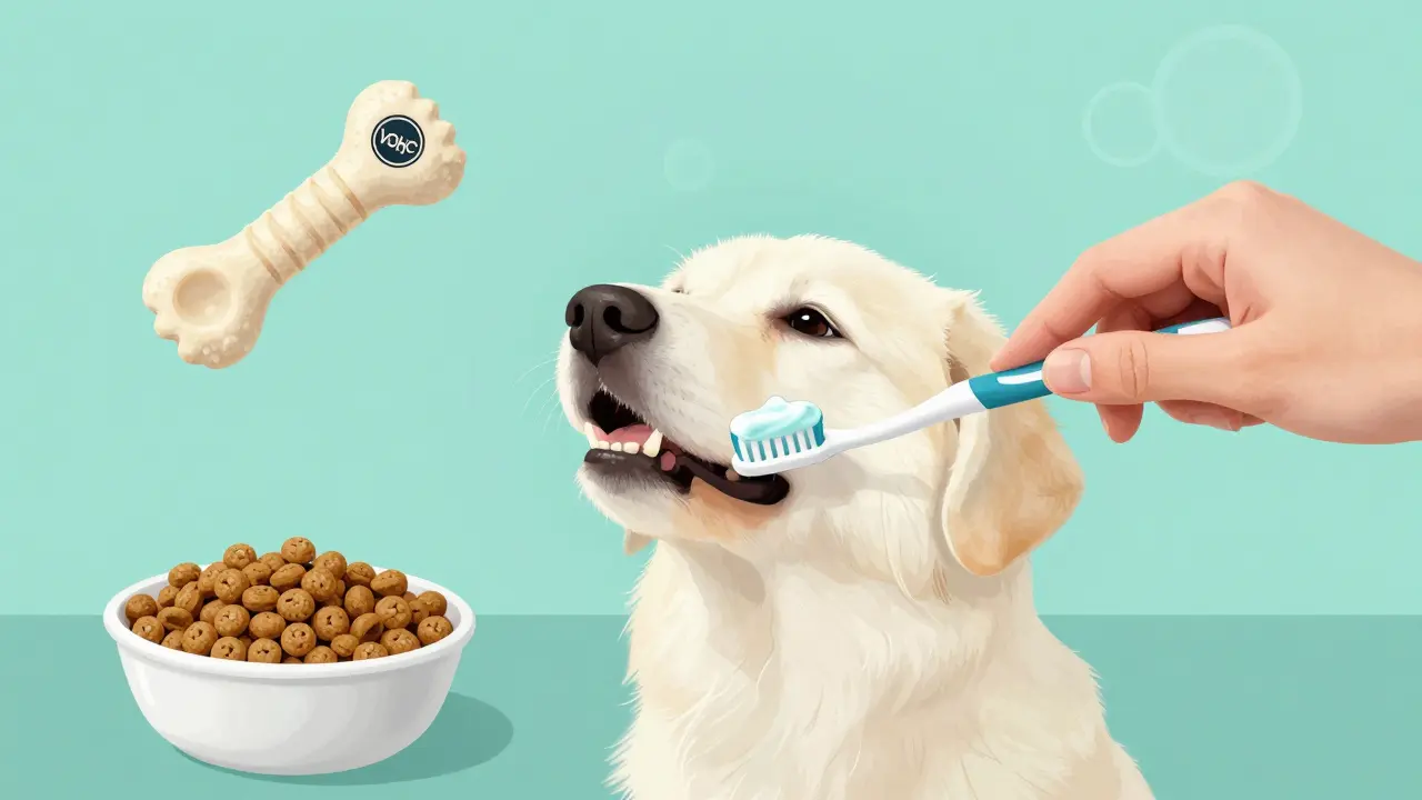Ilustrace procesu čištění zubů psa s použitím kartáčku, pasty a dentálních hraček.