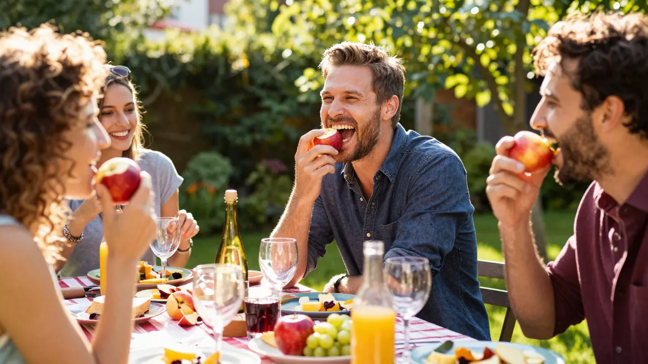 Knižní záběr na muže, který s radostí a sebevědomím jí jablko na zahradní party.