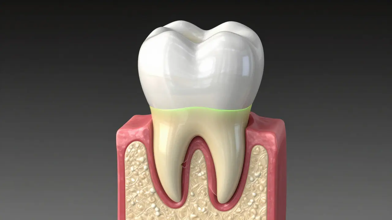 Konceptuální ilustrace eroze zubní skloviny v důsledku bulimie.