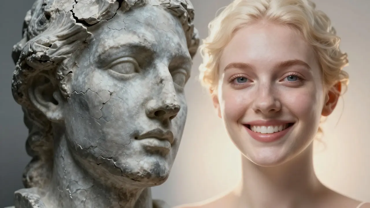 Konceptuální obraz znázorňující přerod z unaveného obličeje do mladistvého úsměvu.