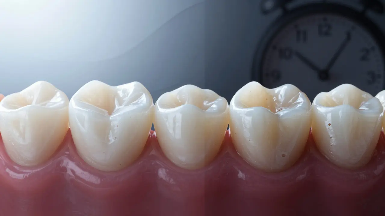 Konceptuální srovnání nové a opotřebované provizorní plomby v čase.