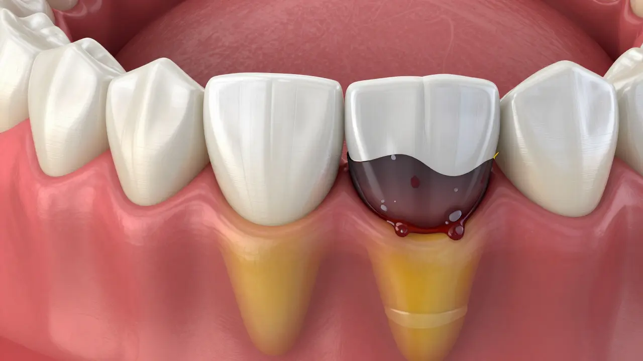 Konceptuální znázornění hromadění bakterií pod nalepovacím zubem.