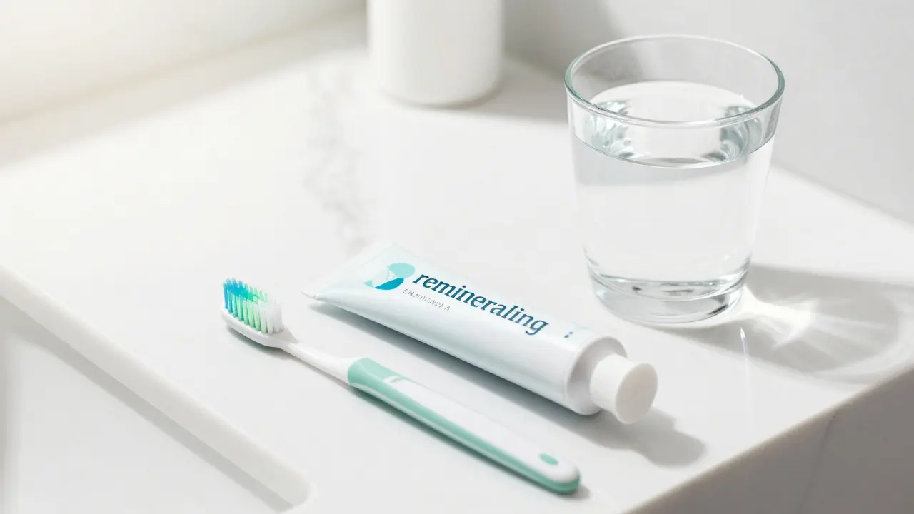 Měkký zubní kartáček a remineralizační pasta v brightní koupelně.