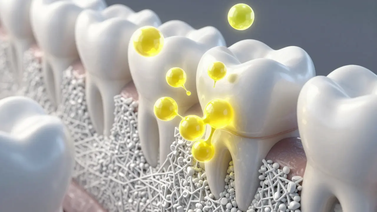Mikroskopický pohled na chemickou erozi zubní skloviny kyselinami.