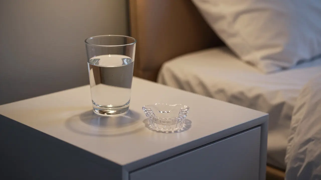 Ochranná dlaha na nočním stolku jako součást péče o zubní fazety.