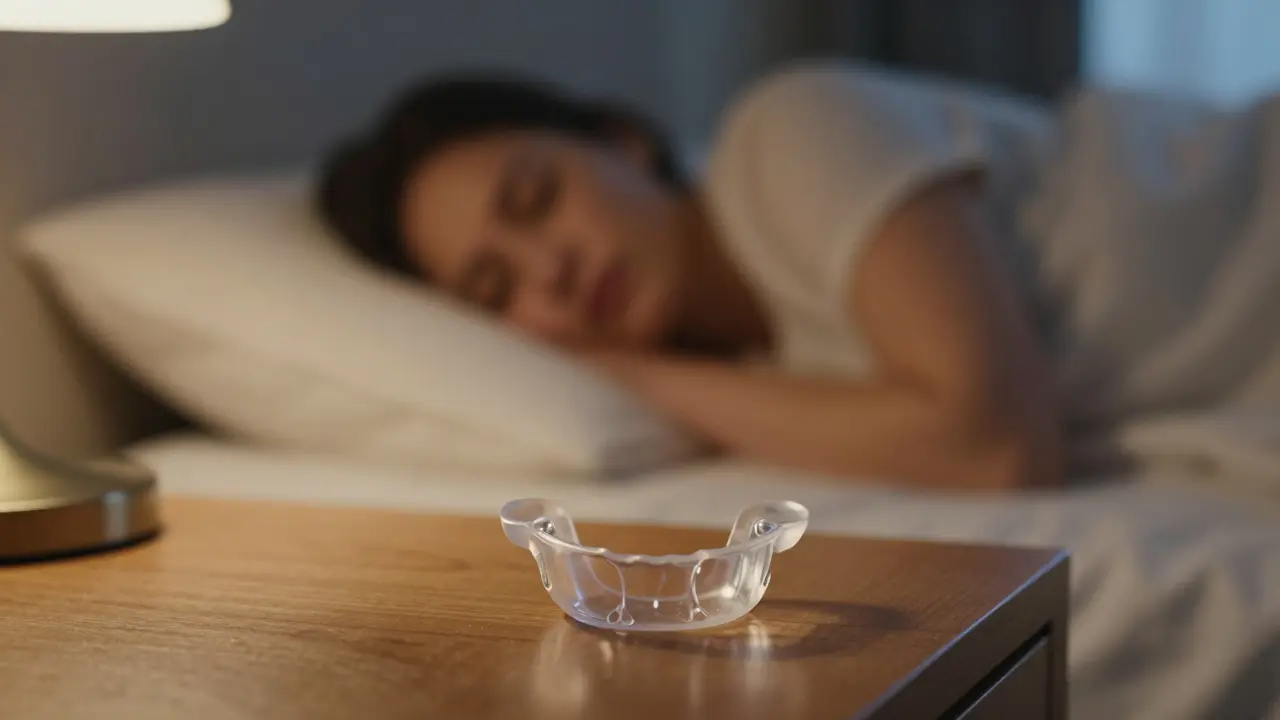 Plastická noční dlaha na nočním stolku vedle spící osoby.