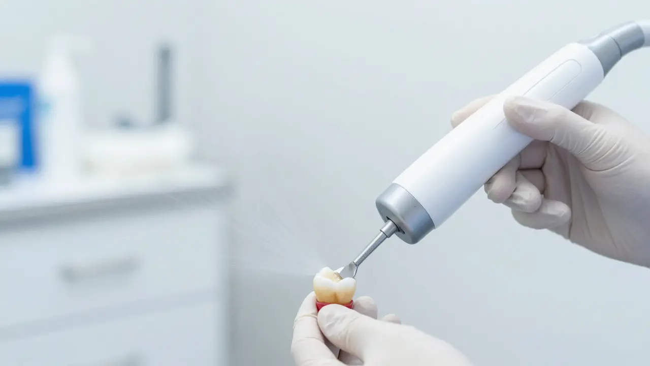 Profesionální čištění zubů metodou air-flow v moderní zubní ordinaci.