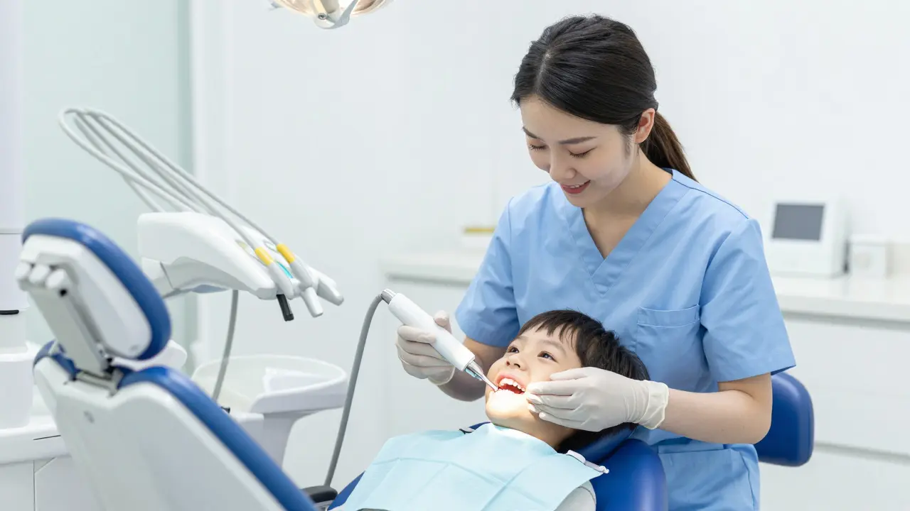 Průběh profesionálního čištění zubů u dítěte v moderní stomatologické klinice.