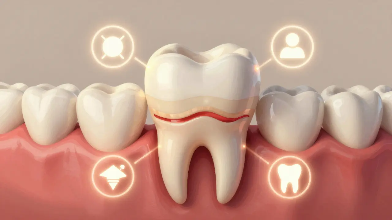 Průhledná zubní korunka s viditelnými defekty a zánětem dásně