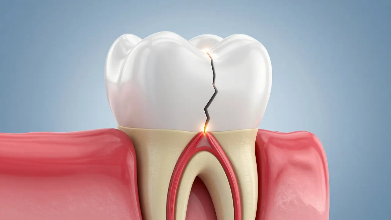 Průřez zubu znázornující hlubokou prasklinu sahající až k nervu.