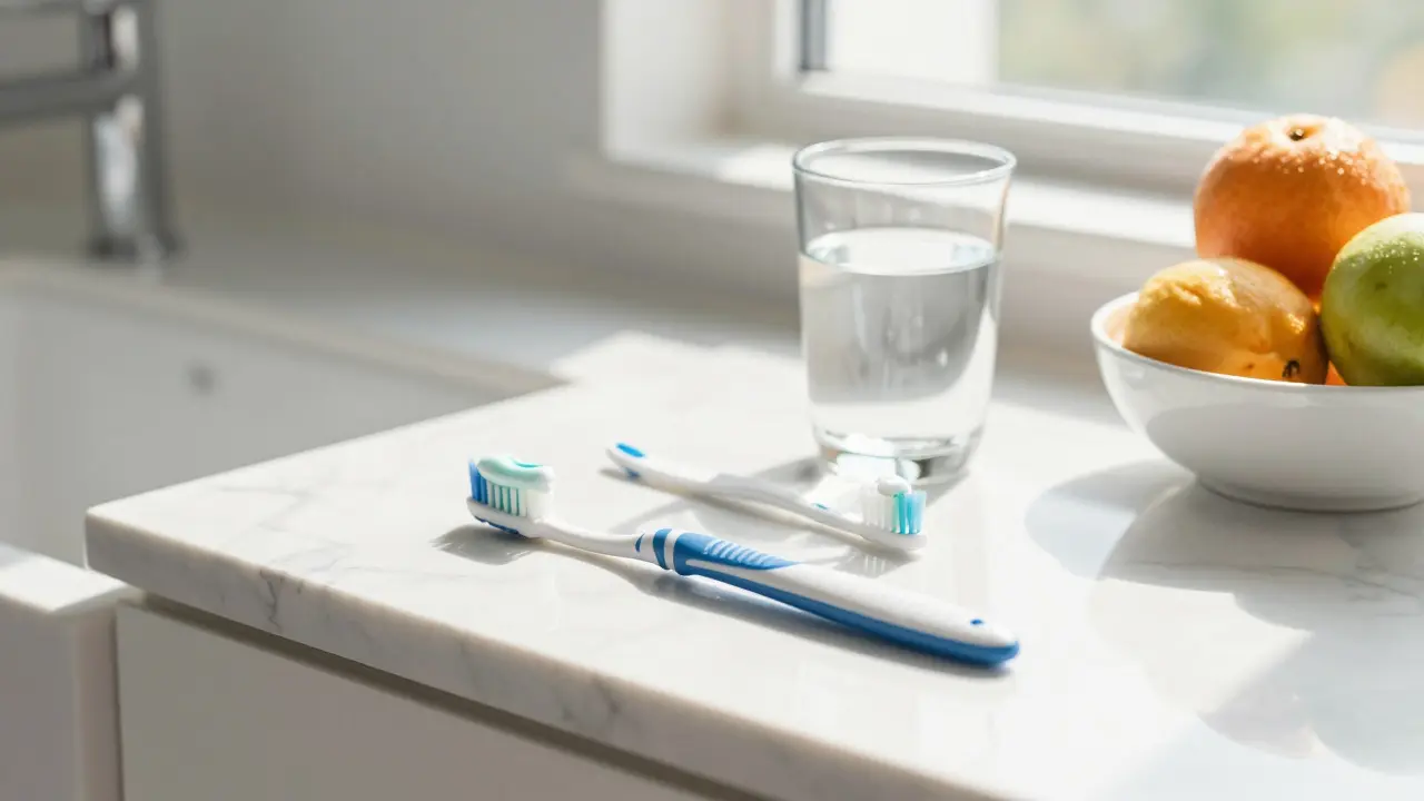 Sada pomůcek pro dentální hygienu a zdravá strava na koupelnové položišti.