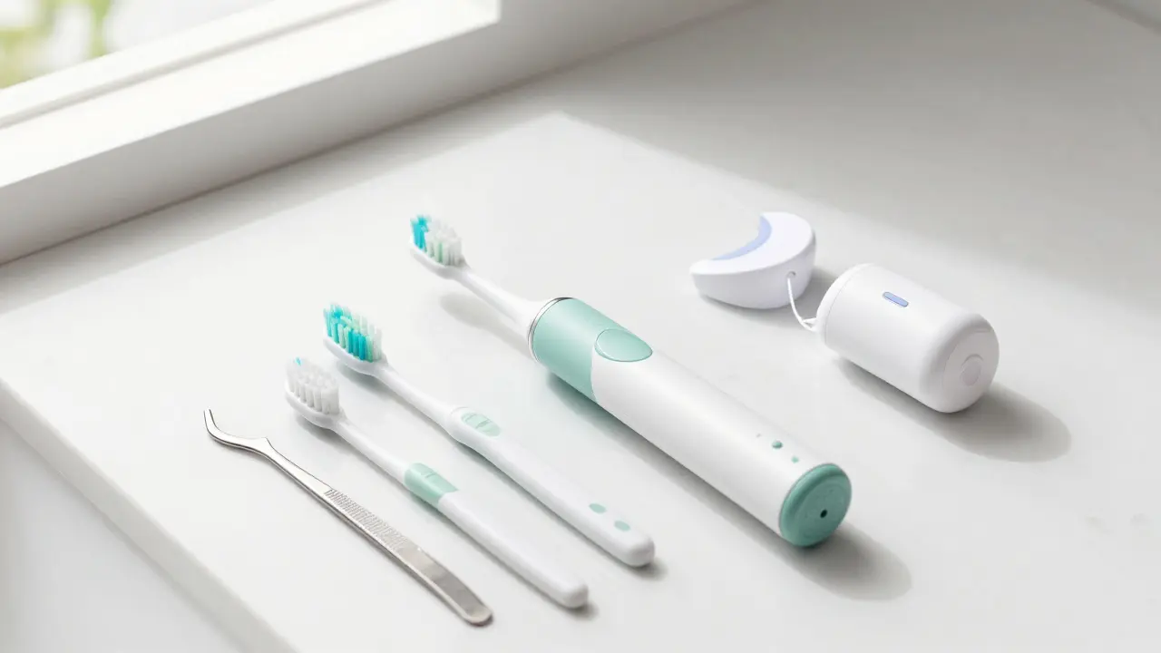 Sada pro domácí hygienu zubů včetně sonického kartáčku a mezizubních kartáčků.