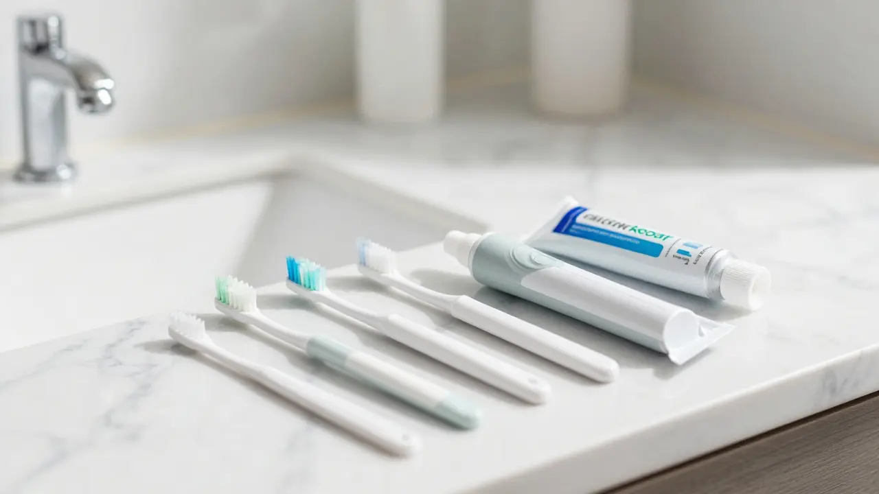 Sada pro domácí péči o zuby včetně elektrického kartáčku a mezizubních kartáčků.