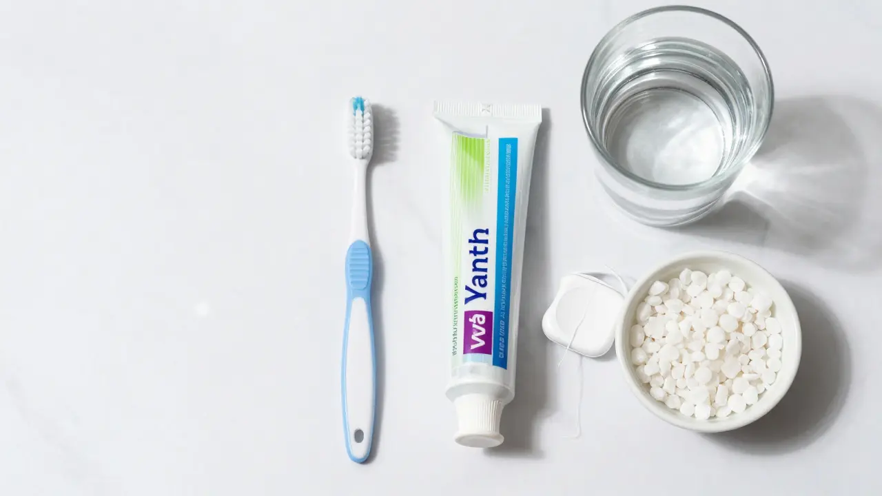 Sada pro mezizubní hygienu: mezerní kartáček, nit a fluoridová pasta.